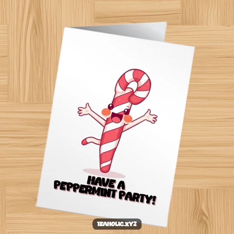 Funny Free Printable Birthday Card: Joyful candy cane doing a cartwheel with striped flair, celebrating a birthday with sweet energy. Downloadable cheer.