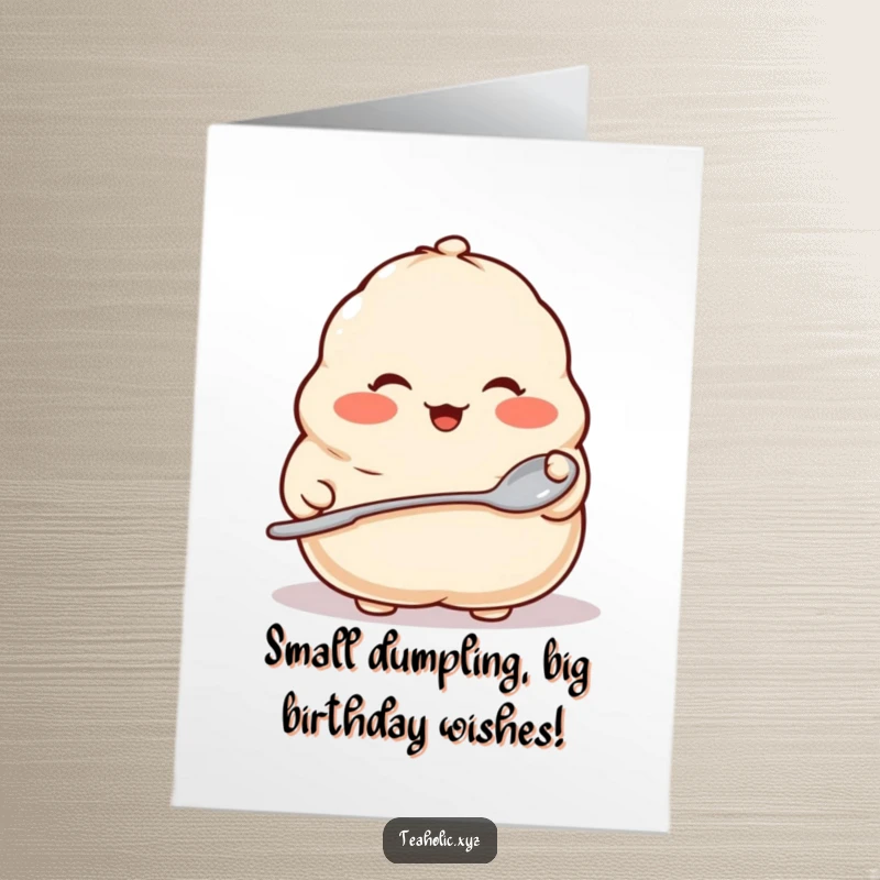 Funny Free Printable Birthday Card: Proud dumpling with rosy cheeks holds a tiny spoon, cute downloadable