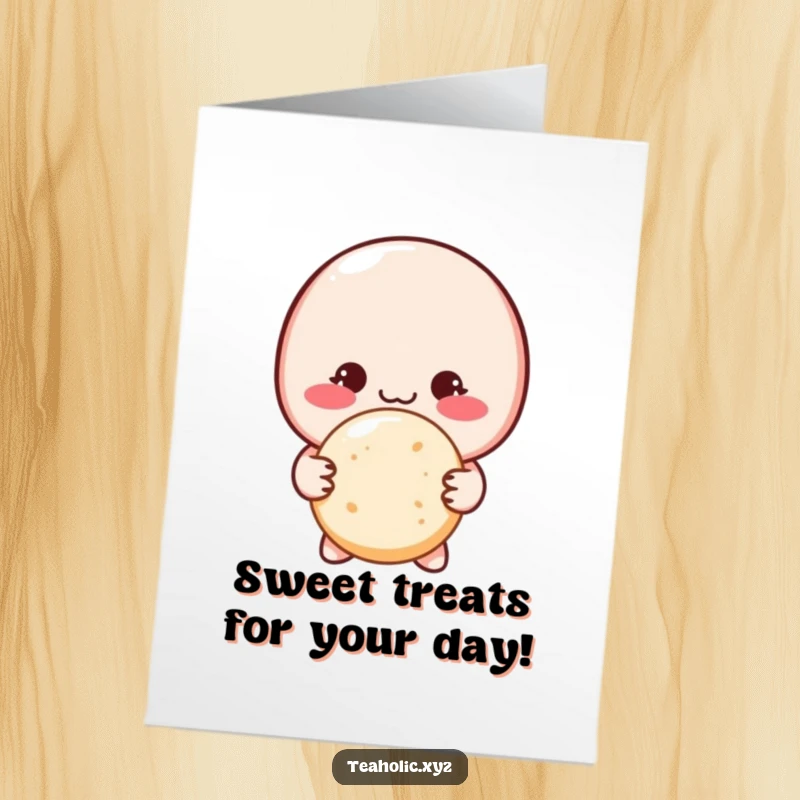 Funny Free Printable Birthday Card: Blushing macaron shyly offering a sugar cookie, sweet birthday wishes.