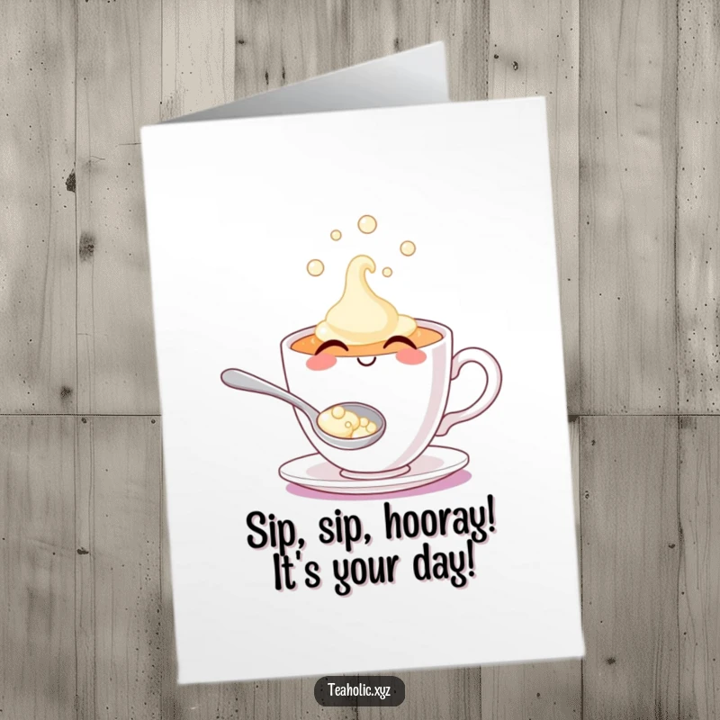 Funny Free Printable Birthday Card: A cheerful teacup character smiles widely as its spoon overflows with shimmering, playful bubbles, a happy wish.
