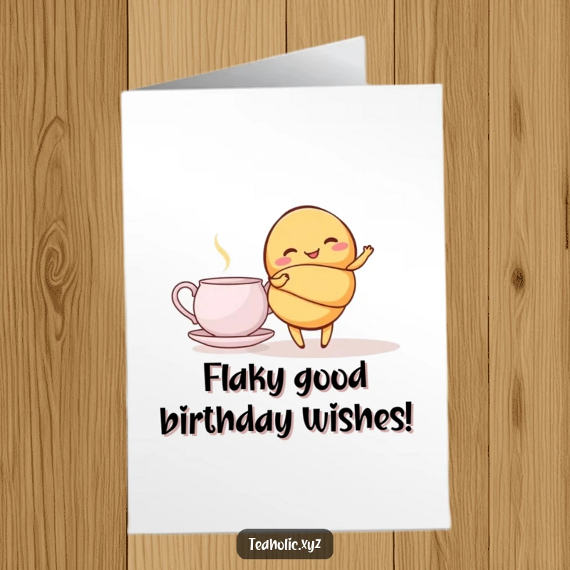 Funny Free Printable Birthday Card: A giggling croissant performs a graceful twirl next to a steaming teapot.