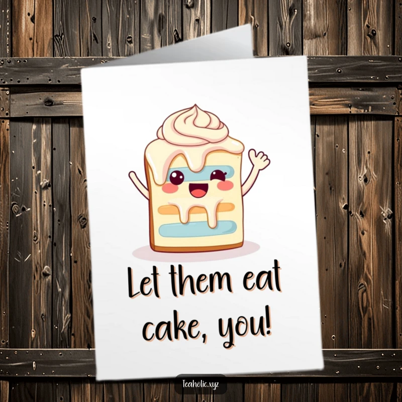 Funny Free Printable Birthday Card: A happy slice of cake with dripping frosting waves enthusiastically, full of birthday cheer.