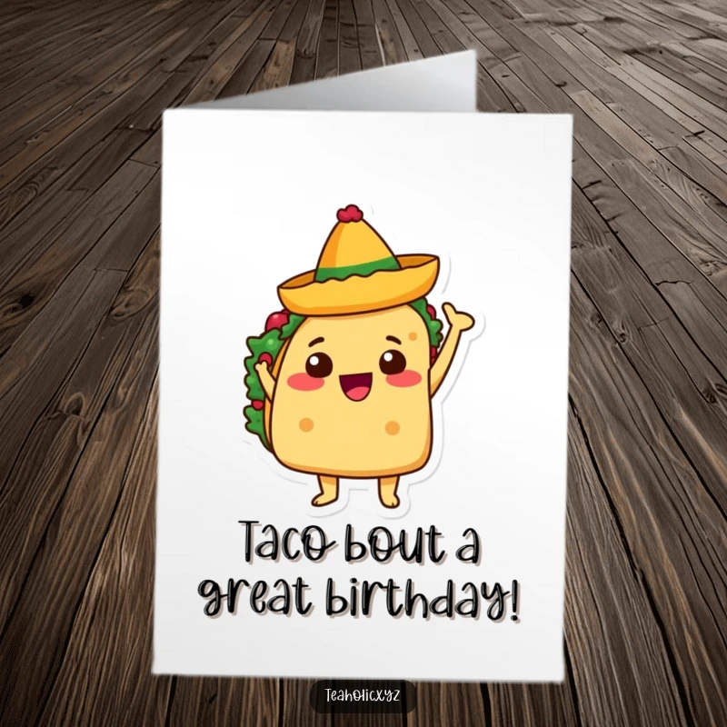 Funny Free Printable Birthday Card: A taco character joyfully waving a tiny sombrero, perfect for a festive DIY gift.