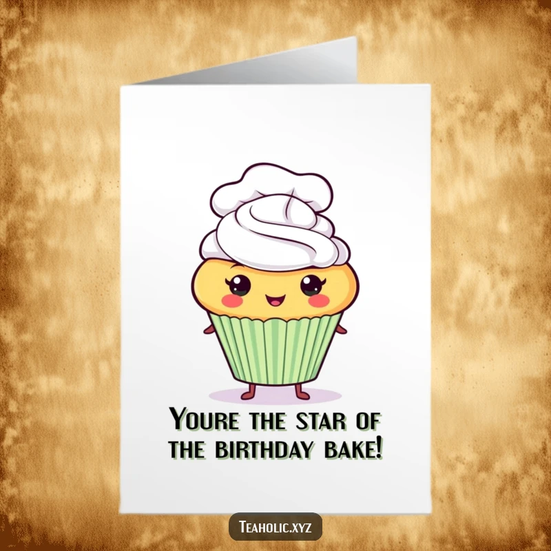 Funny Free Printable Cupcake Birthday Card: A proud cupcake character in a chef hat, delivering a humorous birthday wish.