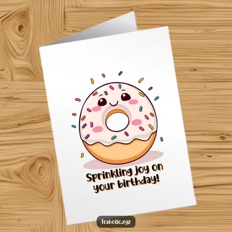Funny Free Printable Donut Birthday Card: A cheerful donut character joyfully raining sprinkles, offering a delightful and humorous greeting.