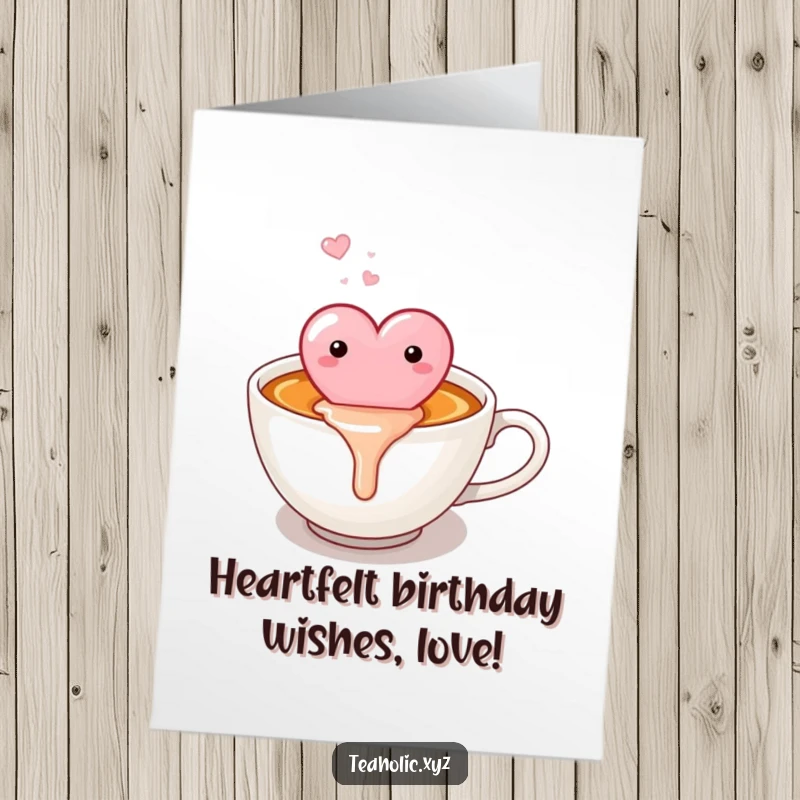 Funny free printable birthday card showing a candy heart happily melting into a cozy cup of warm tea.