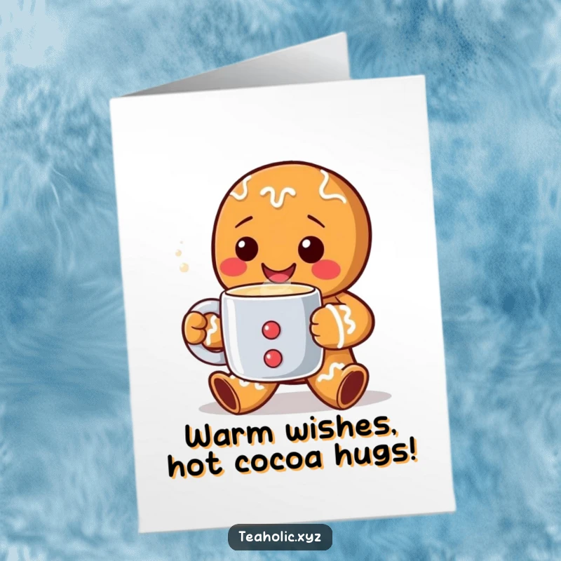 Funny Free Printable Birthday Card featuring a grinning gingerbread man happily offering a steaming mug of cheer.