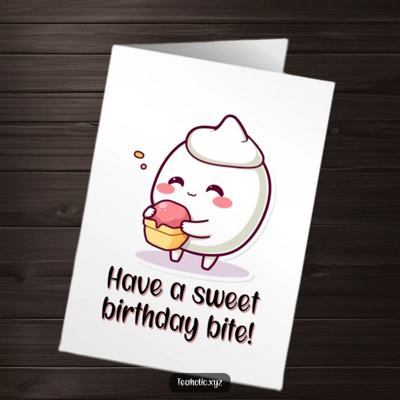Funny Free Printable Pastry Birthday Card: A giggling pastry character playfully offering a tiny bite, wishing a happy birthday.