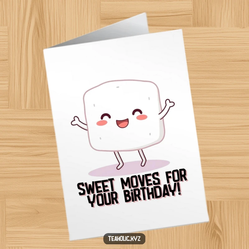 Funny Free Printable sugar cube character with small legs doing a happy dance, birthday card.