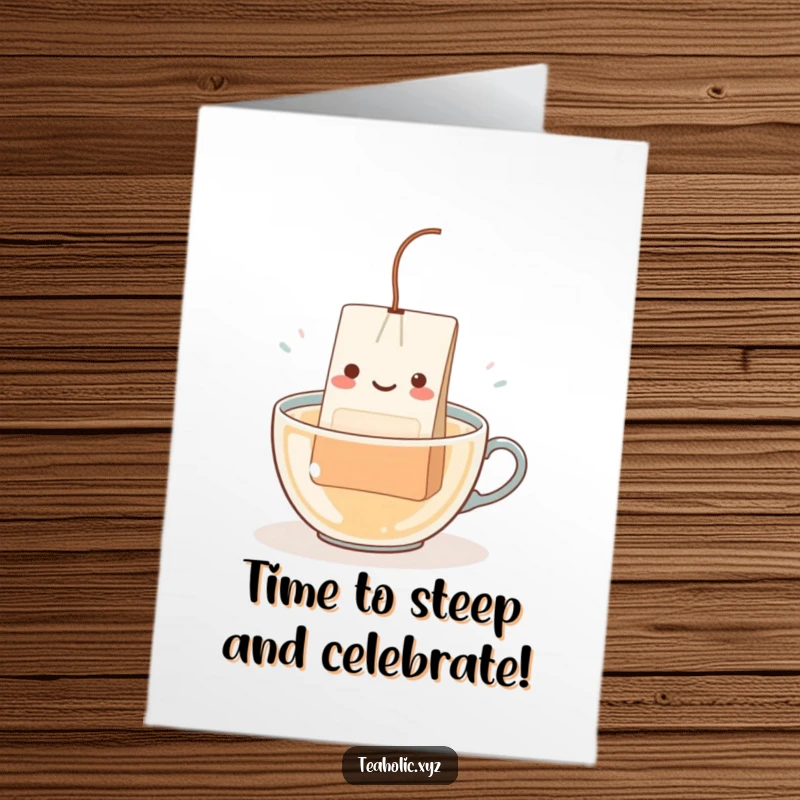 Funny Free Printable teabag with string happily dipping into hot water, ideal for a birthday card.