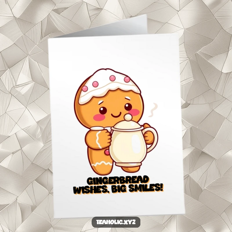Funny Free Printable Birthday Card featuring a smiling gingerbread man with icing, happily holding a steaming teapot, ready for a festive greeting.