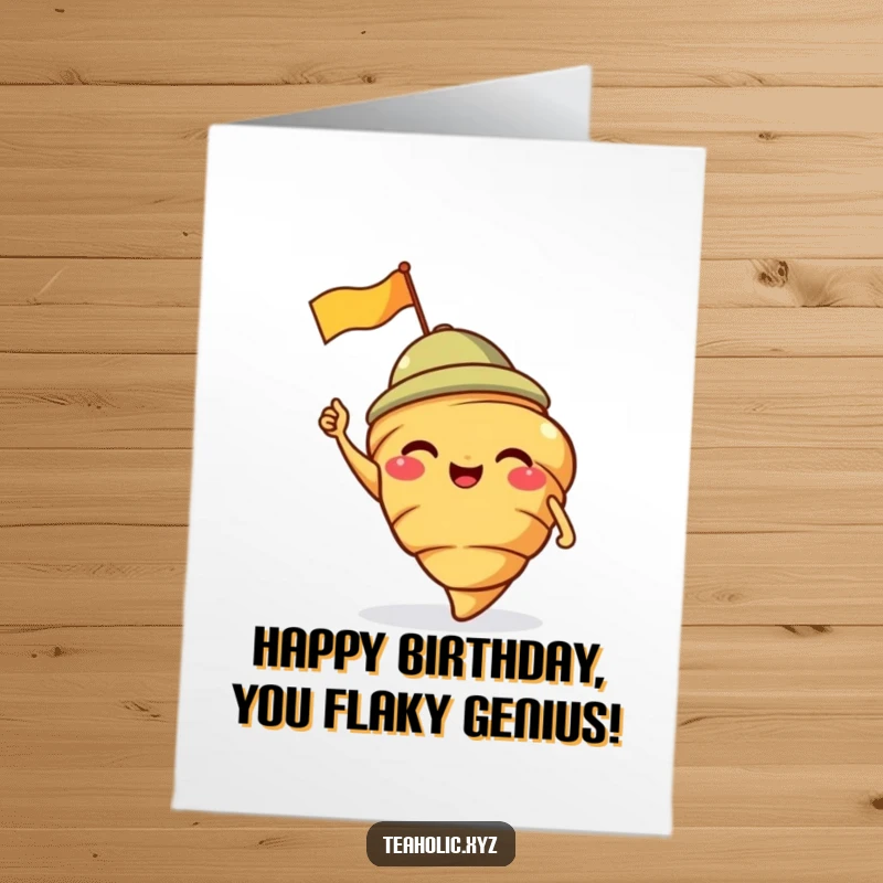 Funny Free Printable Birthday Card: Giggling croissant in a jaunty cap waving a tiny flag, ready for birthday fun.