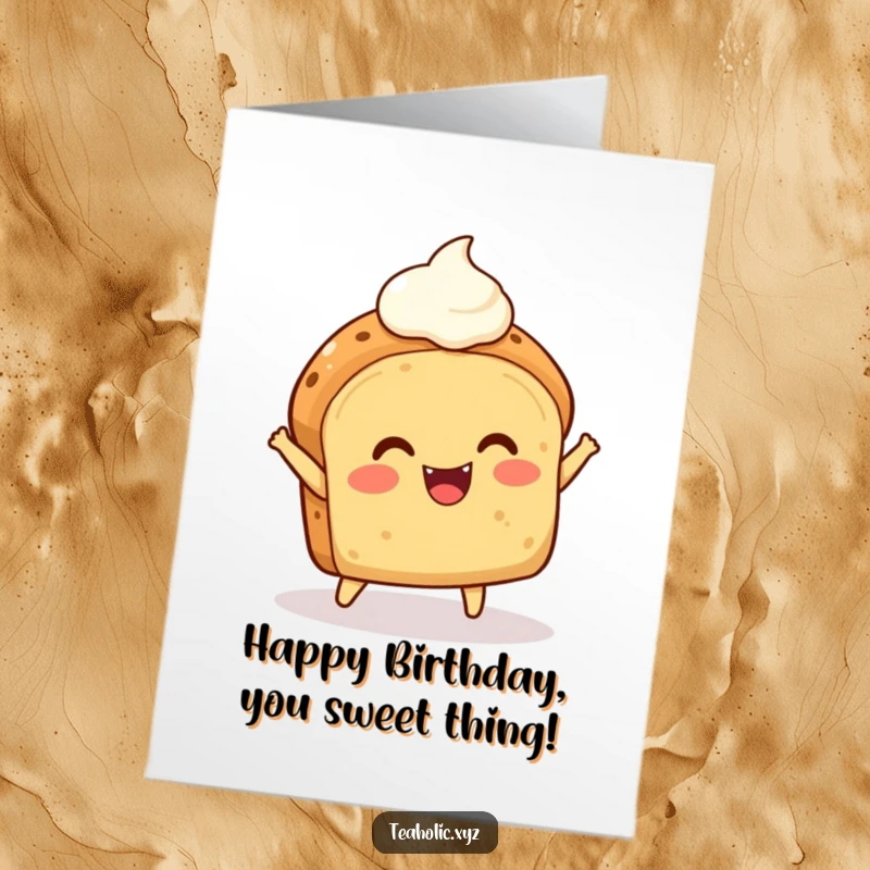 Funny Free Printable Birthday Card: A delighted scone with a dollop of cream bounces joyfully, radiating pure happiness.