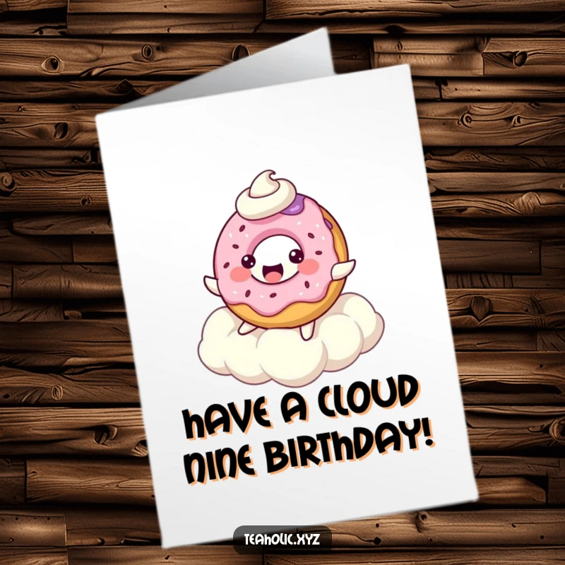 Funny Free Printable Birthday Card: A round, bubbly donut character happily bounces on a soft, fluffy whipped cream cloud, celebrating joyfully.