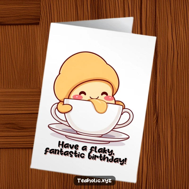 Funny Free Printable Birthday Card: A smiling croissant character takes a huge, satisfying sip from a teacup, enjoying birthday cheers.