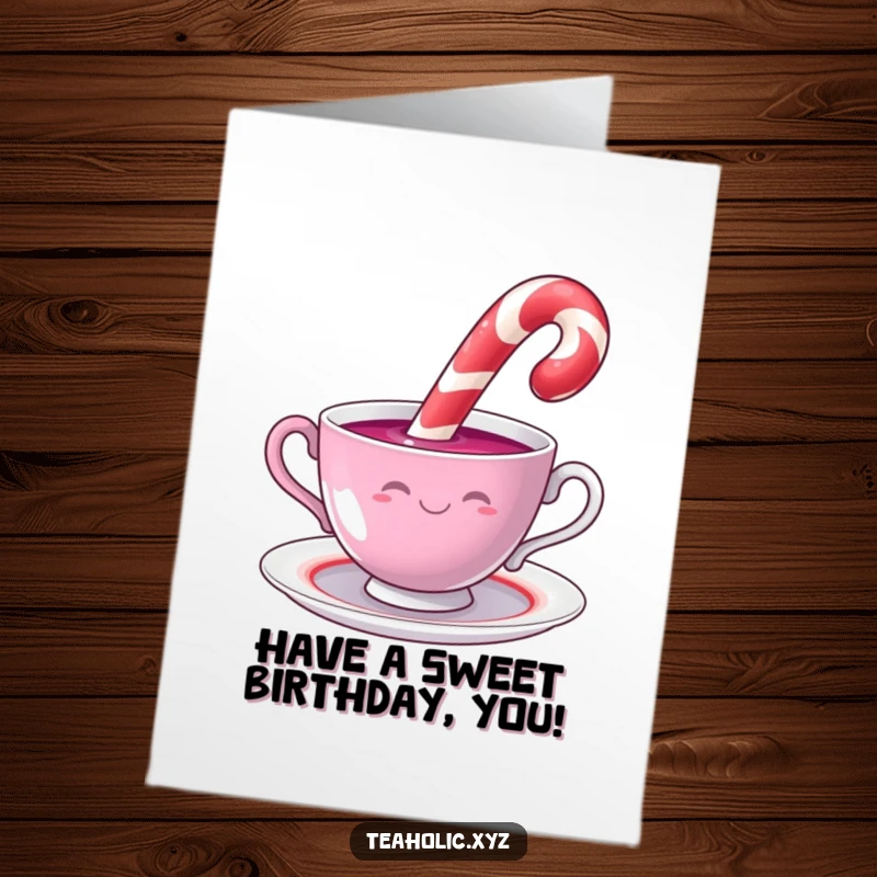 Funny free printable birthday card featuring a smiling candy cane happily dipping into a whimsical swirling teacup.