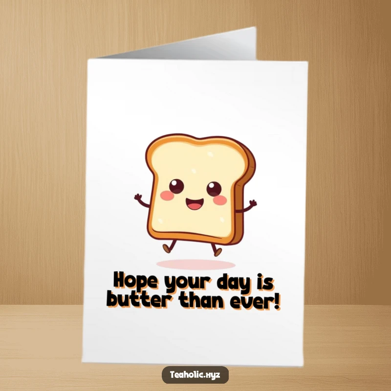 Funny Free Printable Birthday Card showing a slice of toast with butter smiling and doing a little hop, spreading joy.