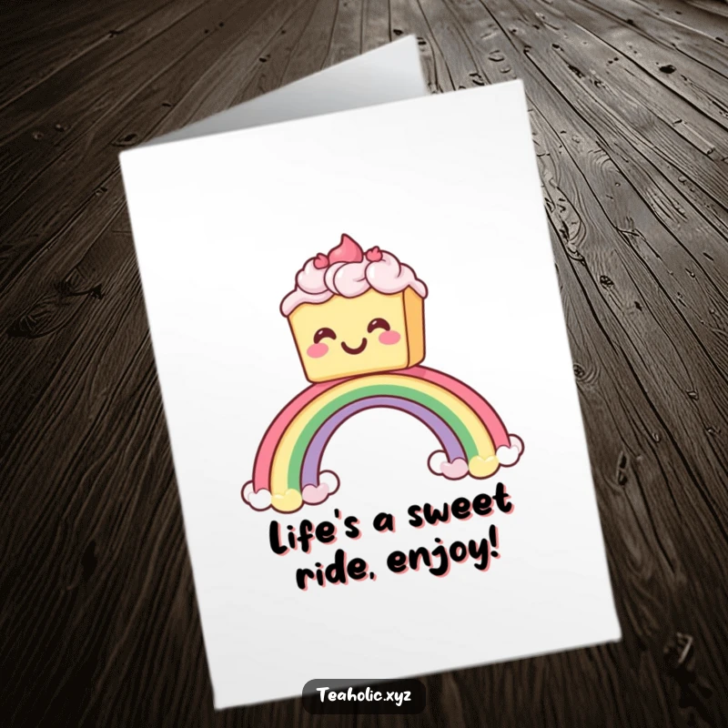 Funny Free Printable Birthday Card: Grinning cake slides down rainbow, a hilarious downloadable design