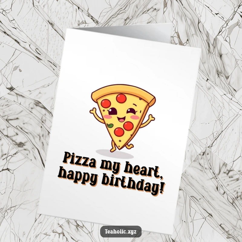 Funny Free Printable Birthday Card: A smiling pizza slice doing a lively dance step, great for a DIY gift.