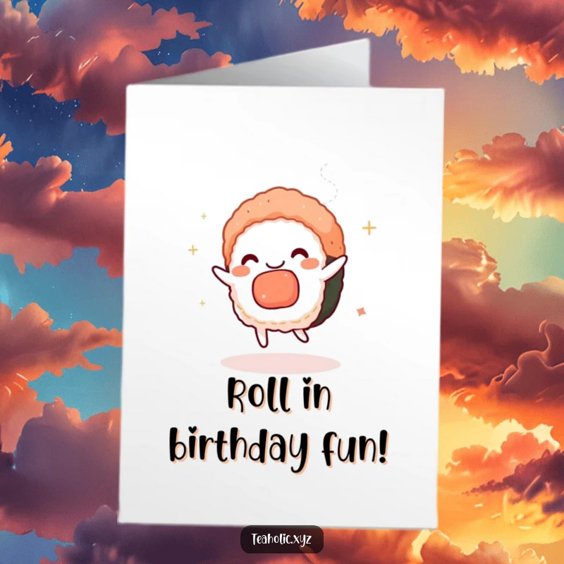 Funny Free Printable Birthday Card: A charmed sushi piece does a happy dance amidst swirling tea steam.