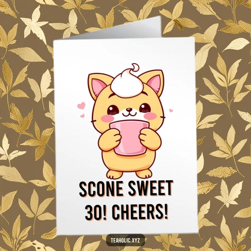 Funny Free Printable Birthday Card: A cheerful scone character holds a steaming mug, offering birthday comfort and joy.