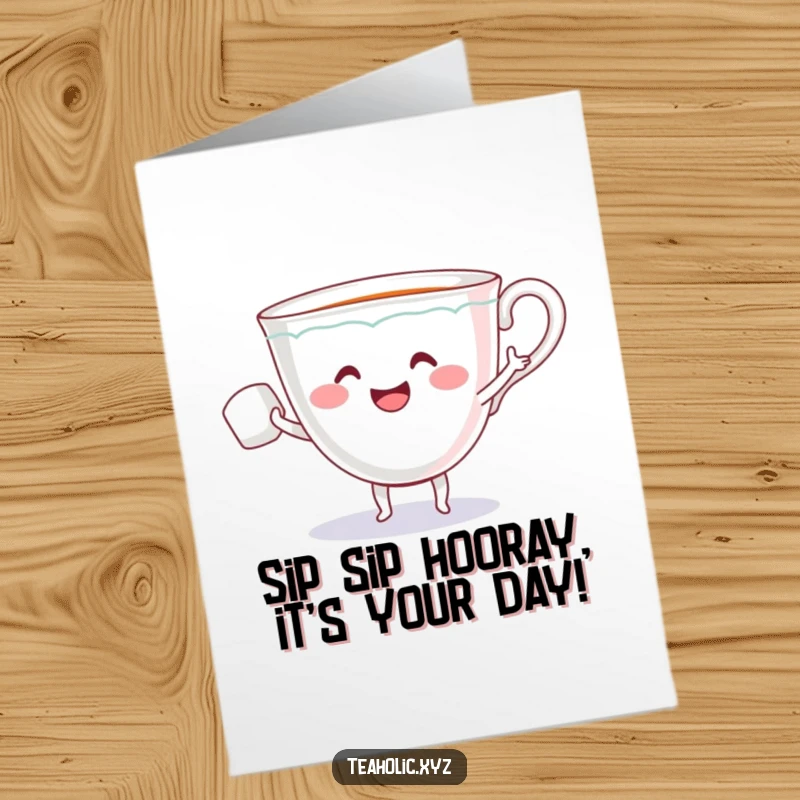Funny Free Printable Birthday Card: A smiling teacup dances joyfully with a tiny sugar cube companion.