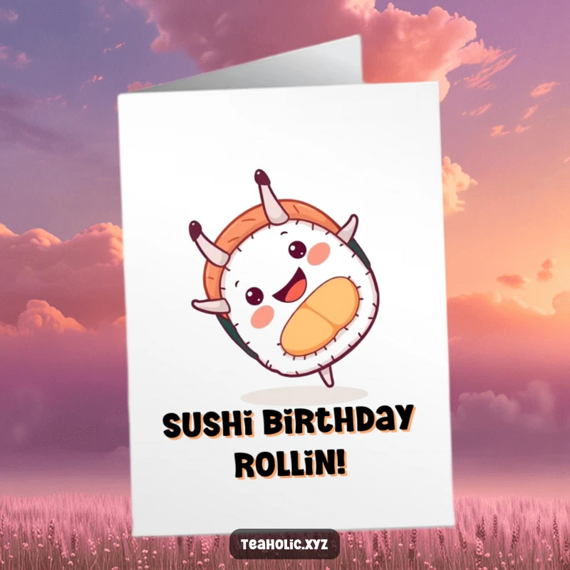 Funny Free Printable Birthday Card of a smiling sushi piece doing a playful somersault, wishing a happy birthday.