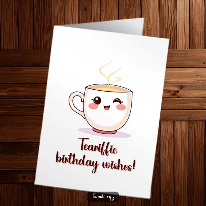 Funny Free Printable Birthday Card: A smiling teacup character happily pouring a stream of warm, inviting steam.