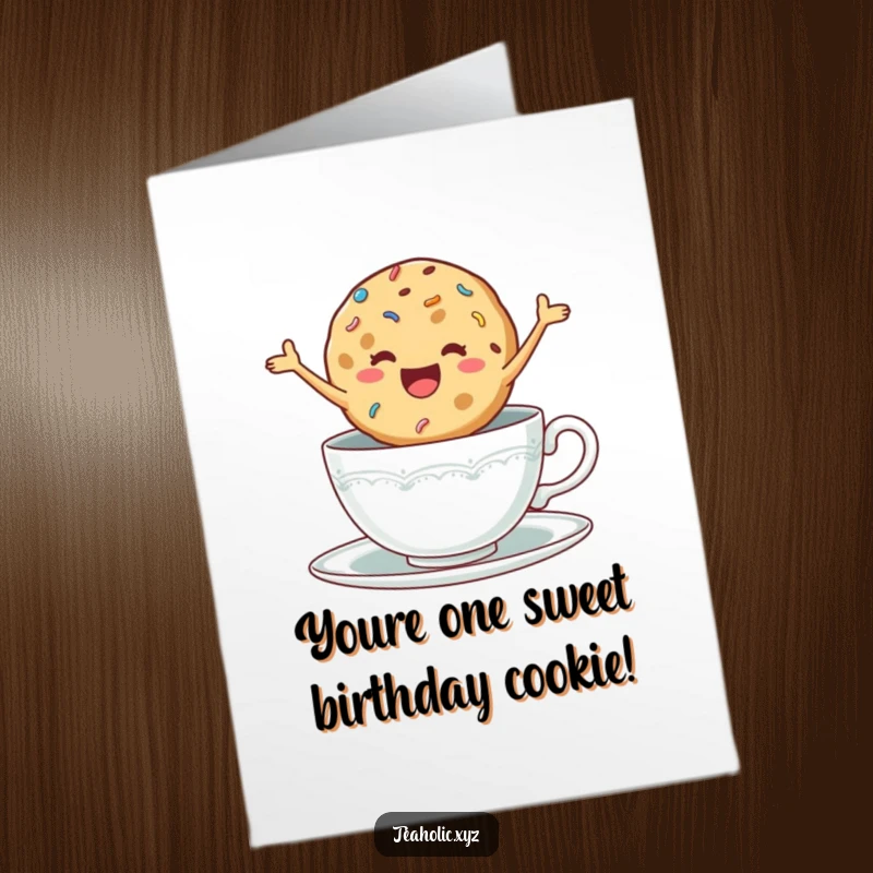 Funny Free Printable Birthday Card: A delighted cookie with sprinkles jumping excitedly in a teacup, celebrating a very happy birthday.
