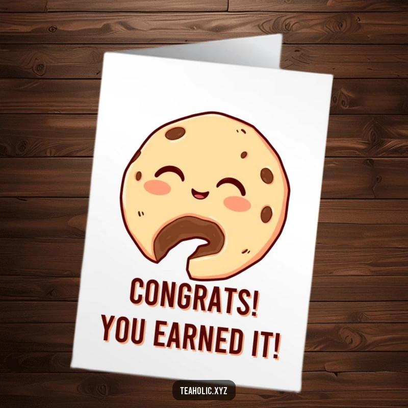 Funny Free Printable Congratulations Card: A giggling cookie, with a bite already taken, joyfully offers a crumb.