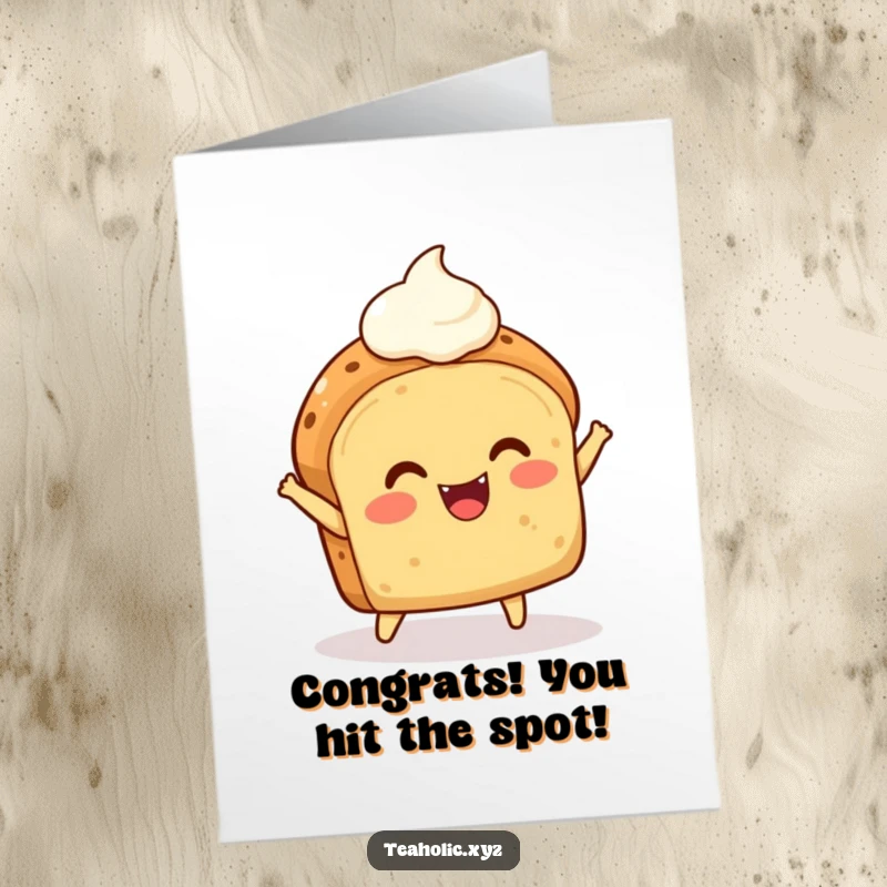 Funny Free Printable Congratulations Card: A delighted scone topped with cream joyfully bounces, celebrating achievements.
