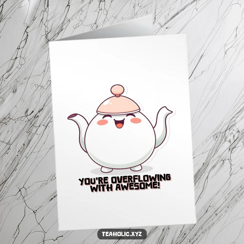 Funny Free Printable Congrats Card: A cheerful teapot character bobbing enthusiastically, overflowing with happiness for an achievement.