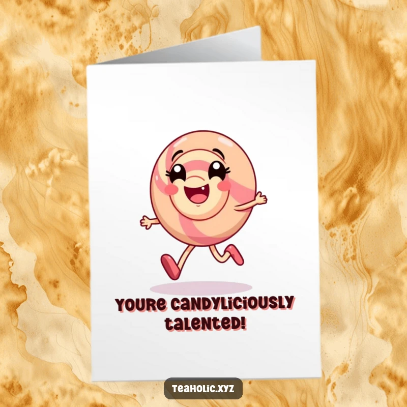 Funny Free Printable Congrats Card featuring a smiling candy character joyfully skipping with a swirl of delight marking their success.