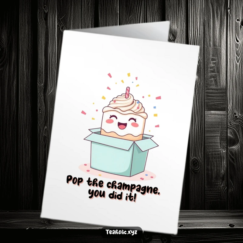 Funny Free Printable Congratulations Card: A happy cake leaping out of a box amid confetti, celebrating success.
