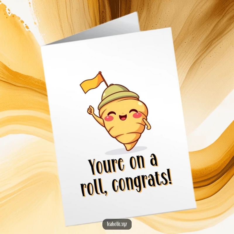 Funny Free Printable Congratulations Card: Giggling croissant with a jaunty cap, waving a flag to celebrate a sweet victory.