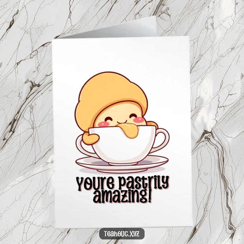 Funny Free Printable Congratulations Card: A smiling croissant character savors a large sip from a teacup, a delicious moment of triumph.