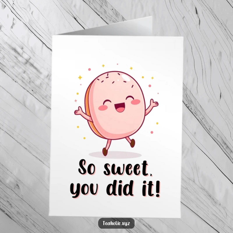 Funny Free Printable Congratulations Card: A delighted macaroon doing a happy dance surrounded by sparkly sprinkles, conveying joyful celebration.