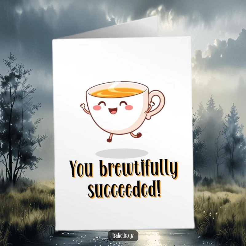 Funny Free Printable Congratulations Card: A smiling tea cup character performing a happy jump, steam swirling playfully, signifying great success.