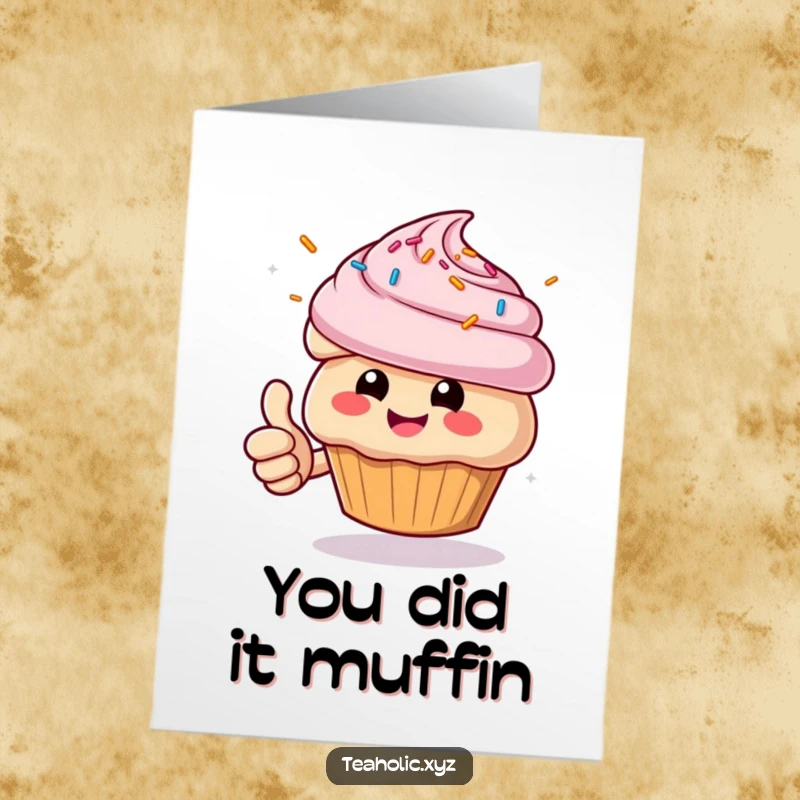 Funny Free Printable Congratulations card with a happy muffin giving a thumbs up, showing off flying sprinkles.