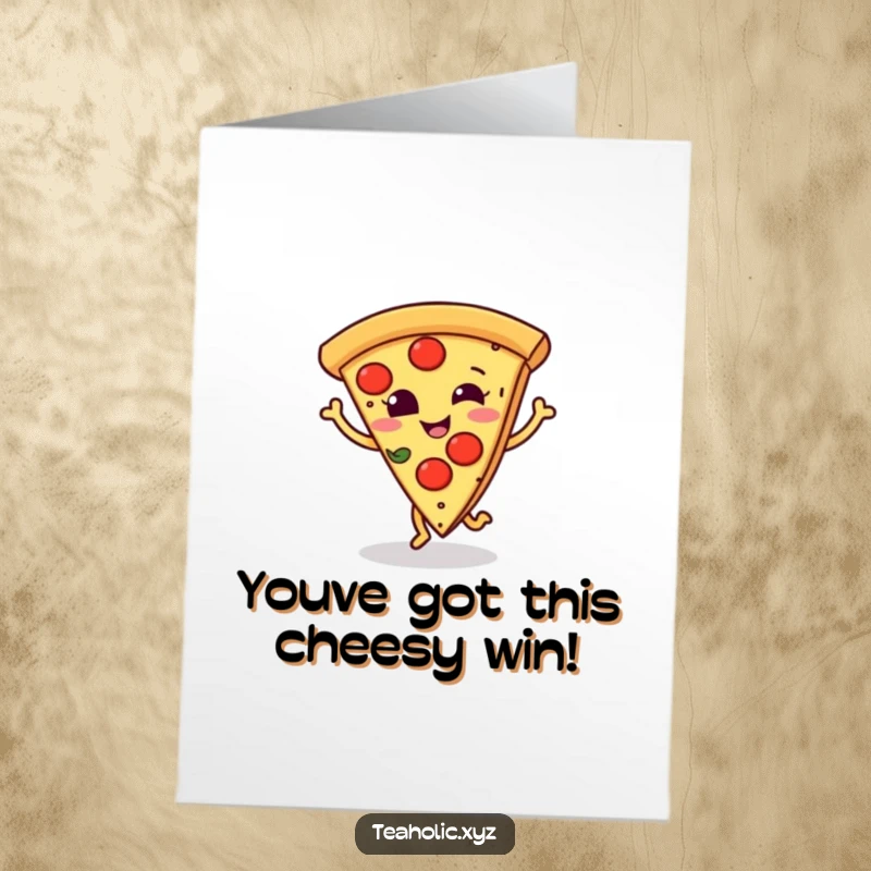 Funny Free Printable Congratulations Card: A happy pizza slice character in a dance pose, ideal for a fun DIY gift.