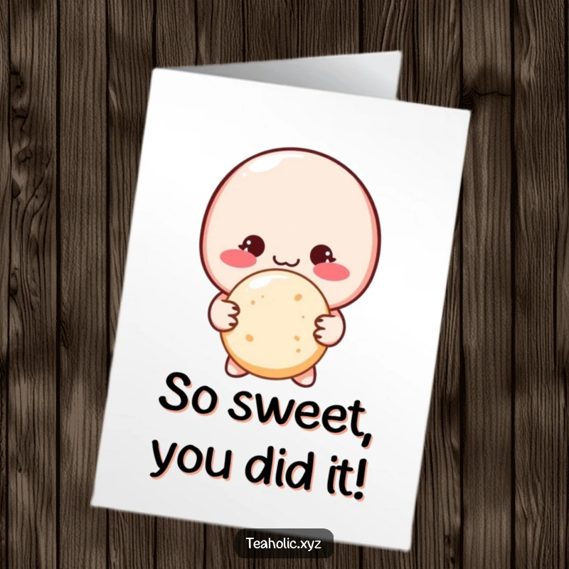 Funny Free Printable Congrats Card: Blushing macaron shyly offering a sugar cookie, celebrating success gently.