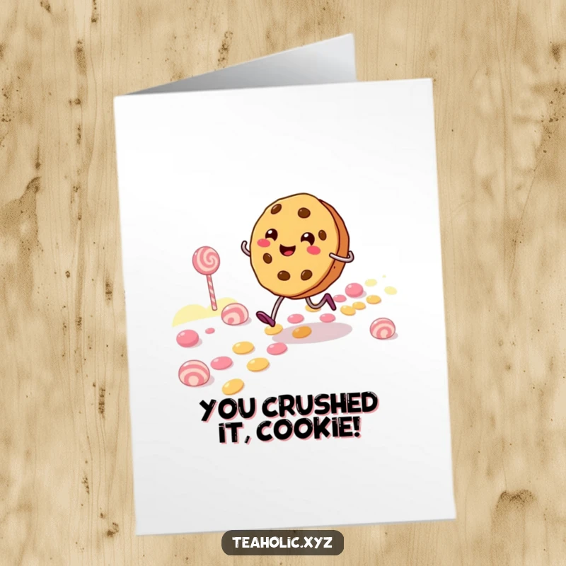 Funny Free Printable Congratulations Card: A cheerful cookie character skipping happily along a vibrant path made of assorted candies.