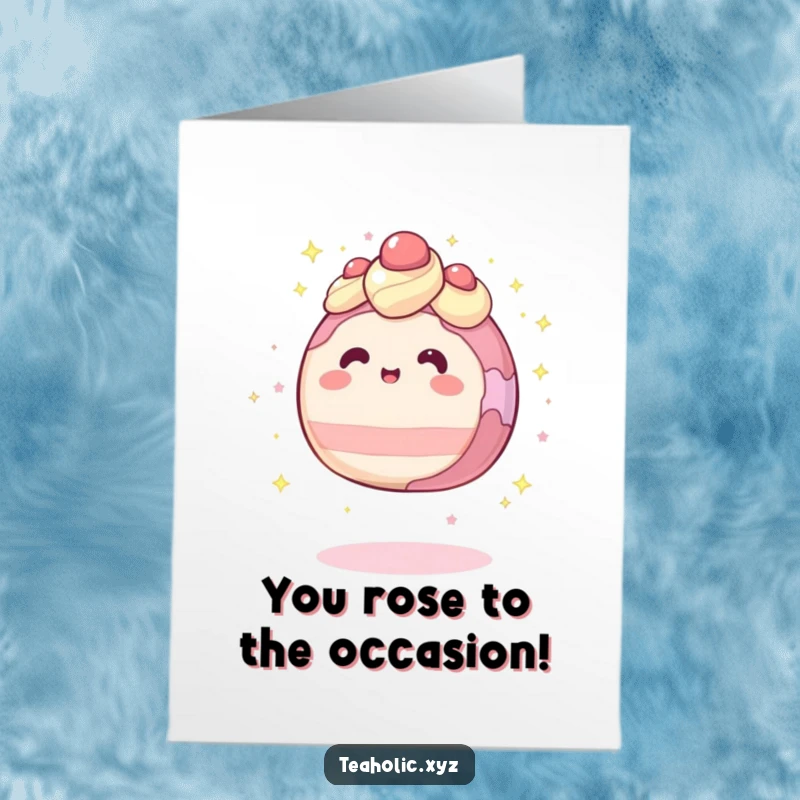 Funny Free Printable Congrats Card with a round cake character levitating, sparkling with joy to celebrate a win.