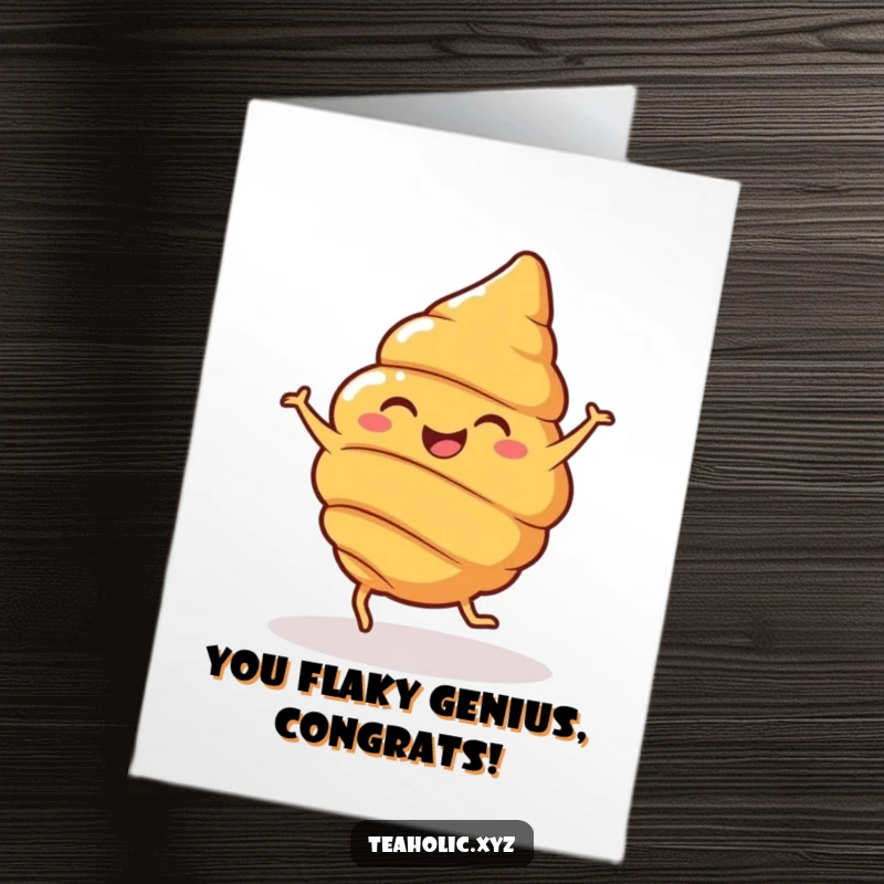 Funny Free Printable Congratulations Card: A cheerful croissant with little legs doing a joyful spin, celebrating success.