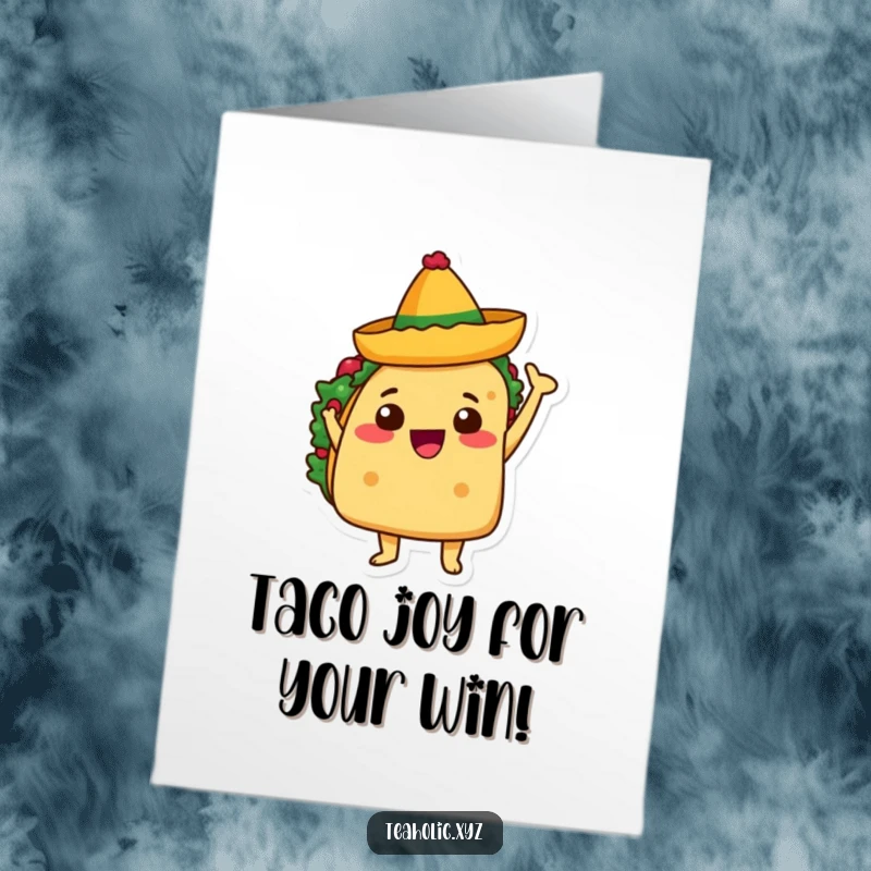 Funny Free Printable Congratulations Card: A happy taco character waving a tiny sombrero, ideal for a lively DIY gift.