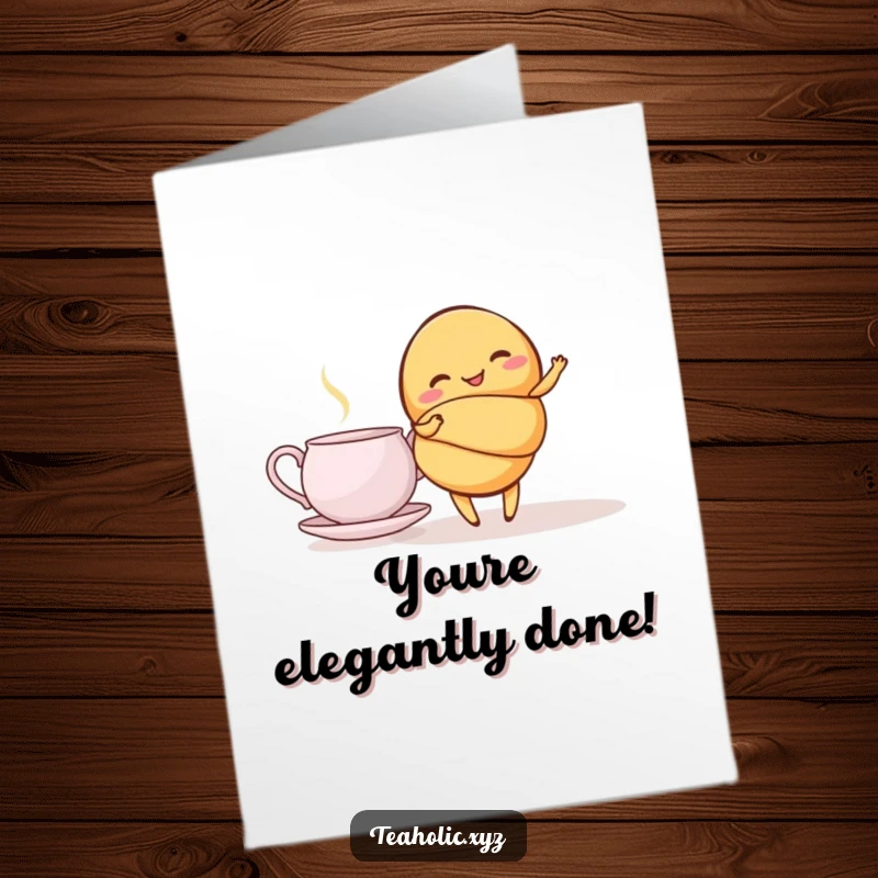 Funny Free Printable Congratulations Card: A giggling croissant elegantly twirls near a teapot, celebrating achievements.