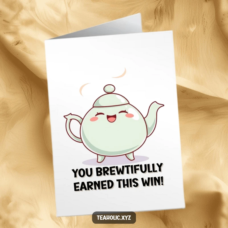 Funny Free Printable Congratulations Card: A giggling teapot with steam puffs dances a spirited jig to celebrate.
