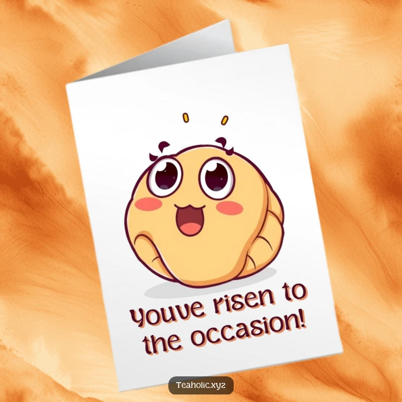 Funny Free Printable Congratulations Card: A surprised croissant with wide eyes floating upwards, conveying humorous and uplifting good wishes.