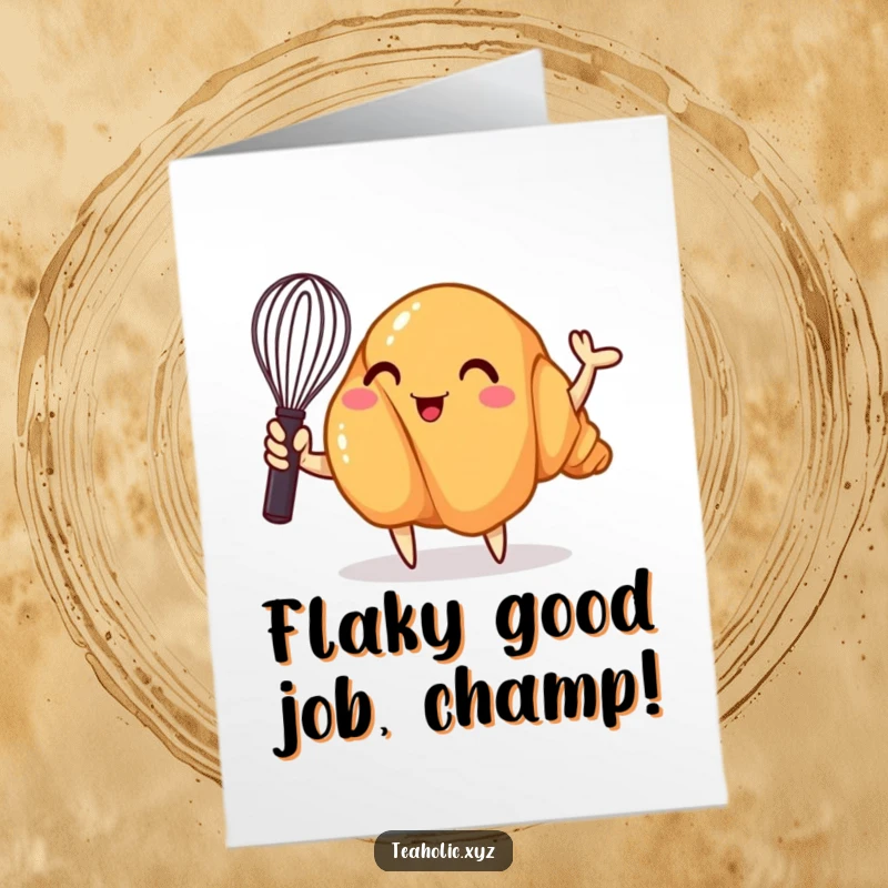Funny Free Printable Congratulations Card showing a whimsical croissant enthusiastically waving a mini whisk in celebration.