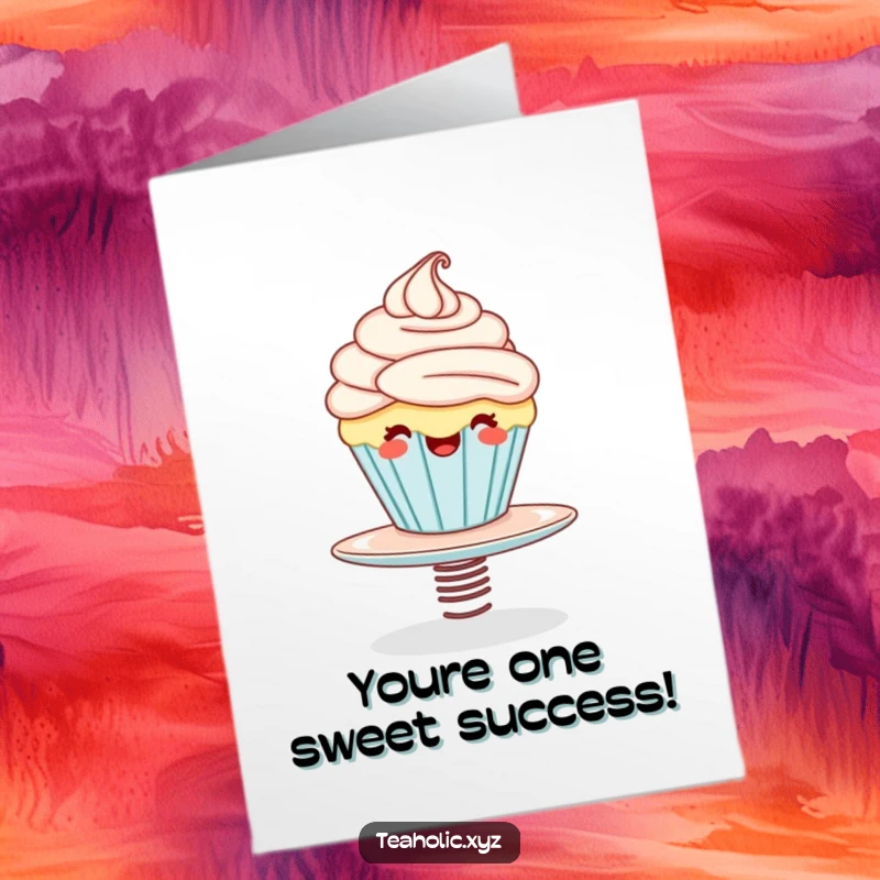 Funny Free Printable Congratulations Card featuring a giggling cupcake joyfully bouncing on a springy saucer to celebrate.